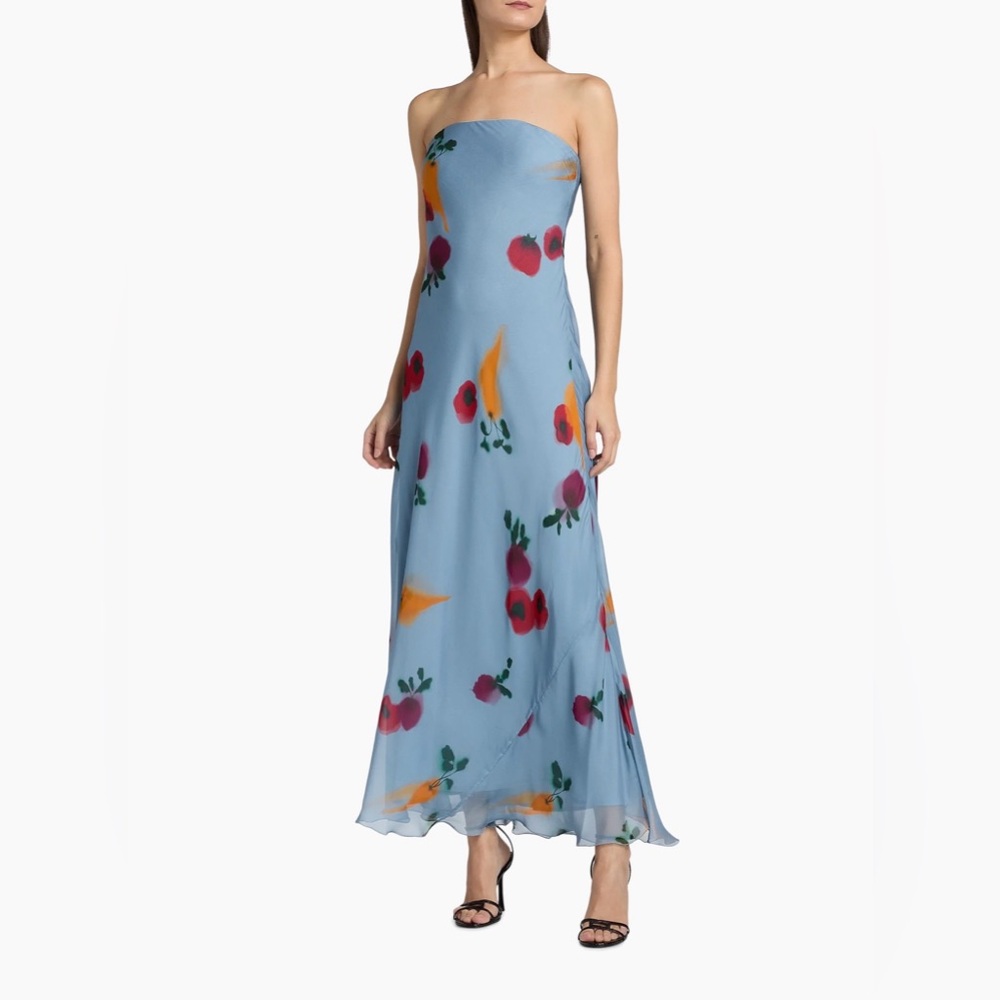 STAUD  Strapless Dress in Sky Blue with Red and Orange Floral Accents
